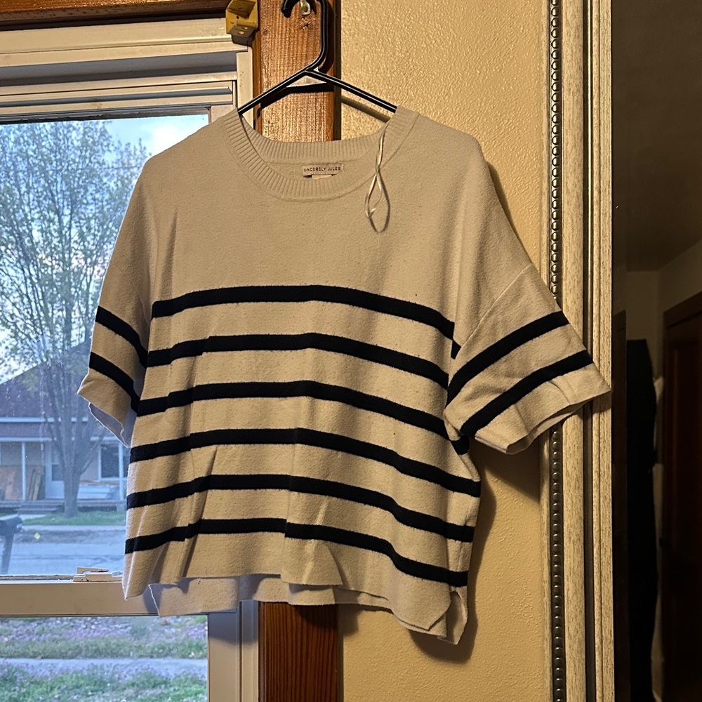 White Short Sleeve Stripe Tee - Navy Stripes